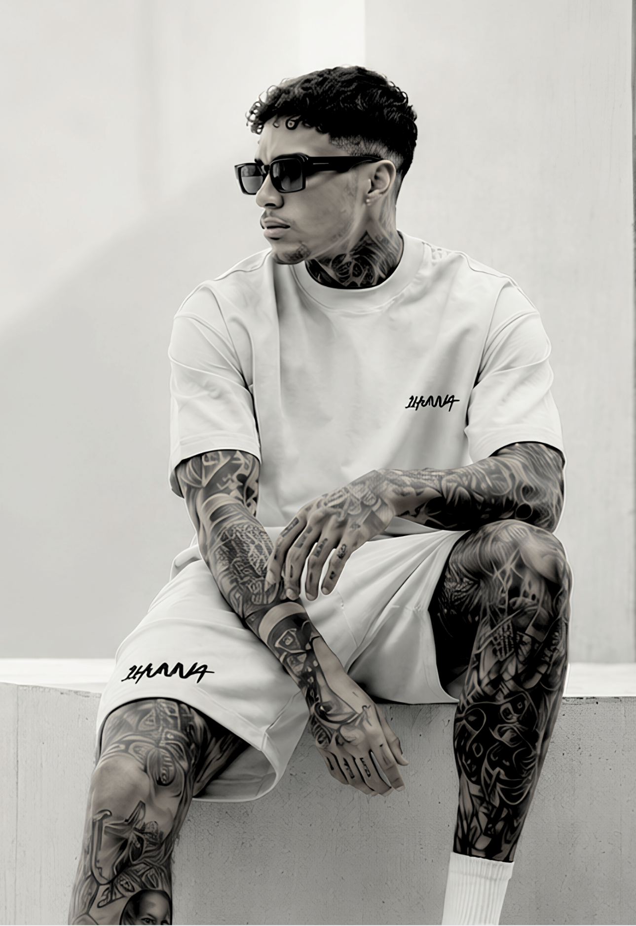 Model in witte 1HUNNA outfit – zittend lifestylebeeld