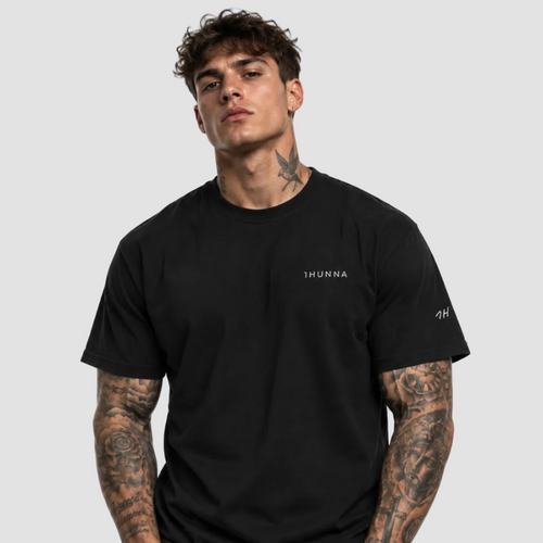 Black Casual 1HUNNA T-shirt with light chest and sleeve branding – front view