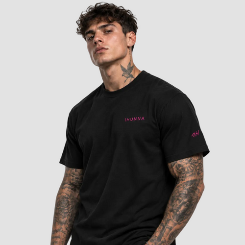 Black Casual 1HUNNA Pink T-shirt with pink chest and sleeve branding – front view