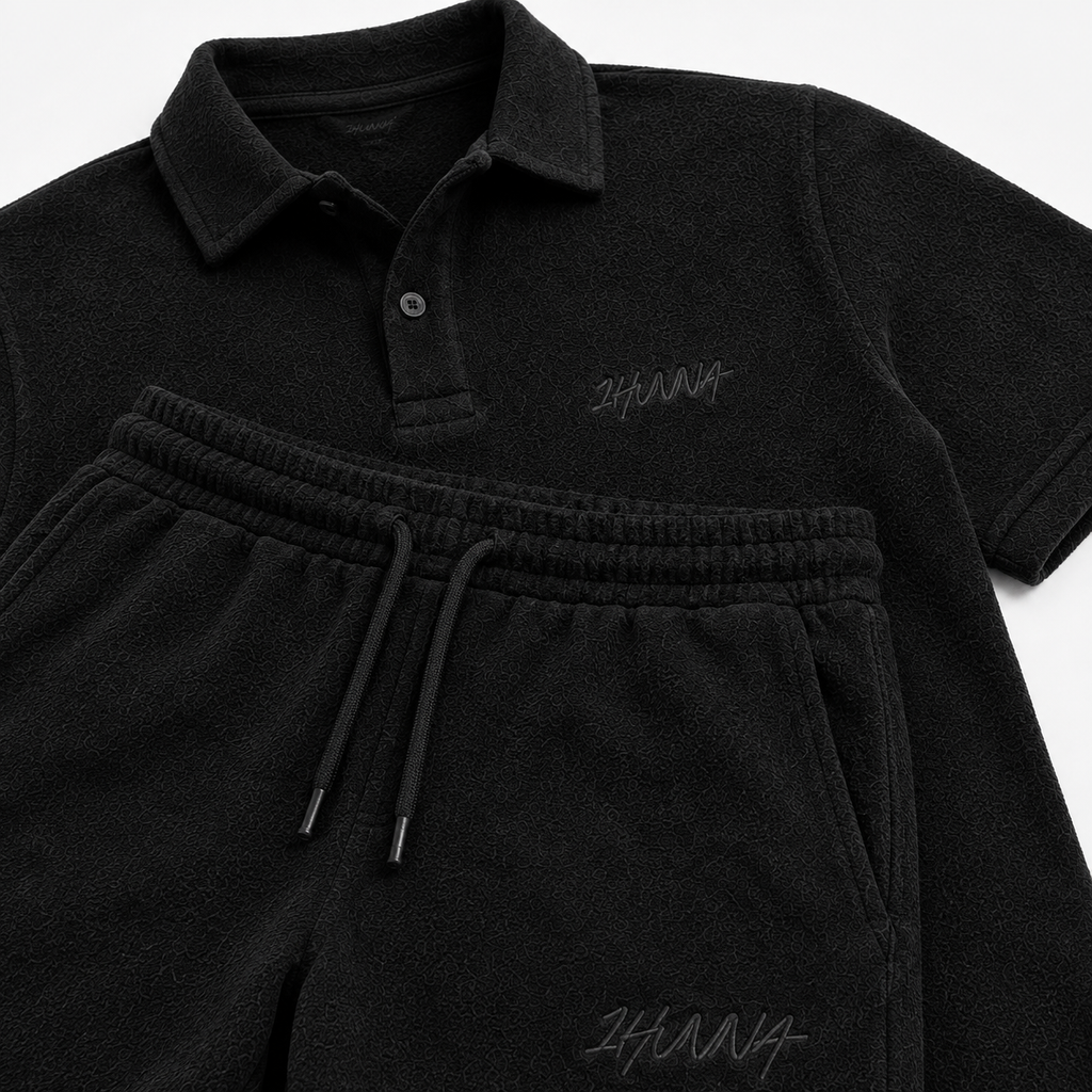 1HUNNA Casual Terry Set in black – polo and shorts detail