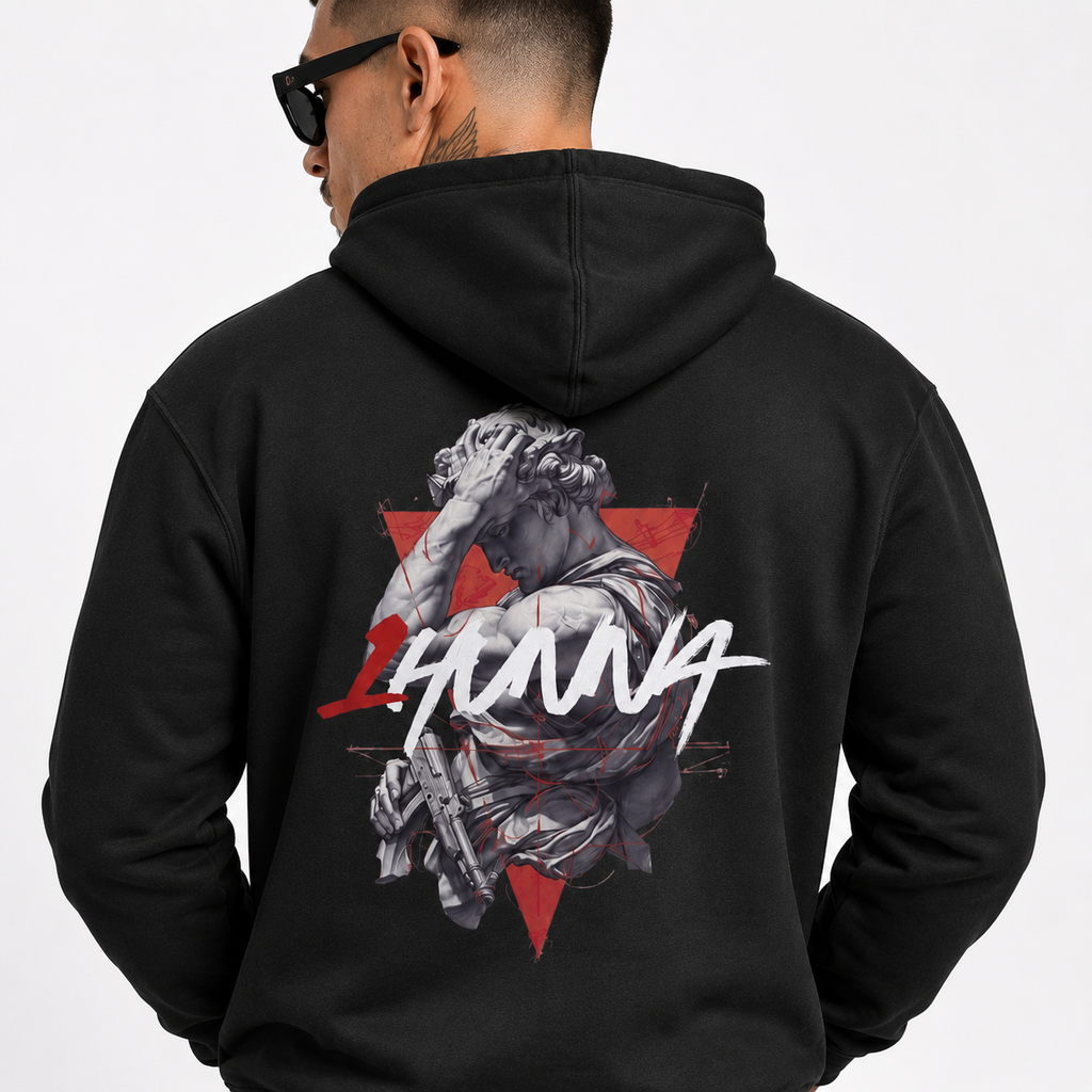 1HUNNA Gallery 005 Fallen Angel Hoodie in black – back graphic detail