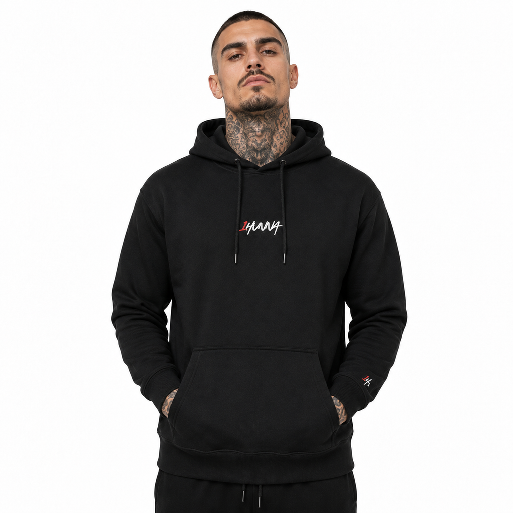 1HUNNA Signature 001 Hoodie in black – front worn view