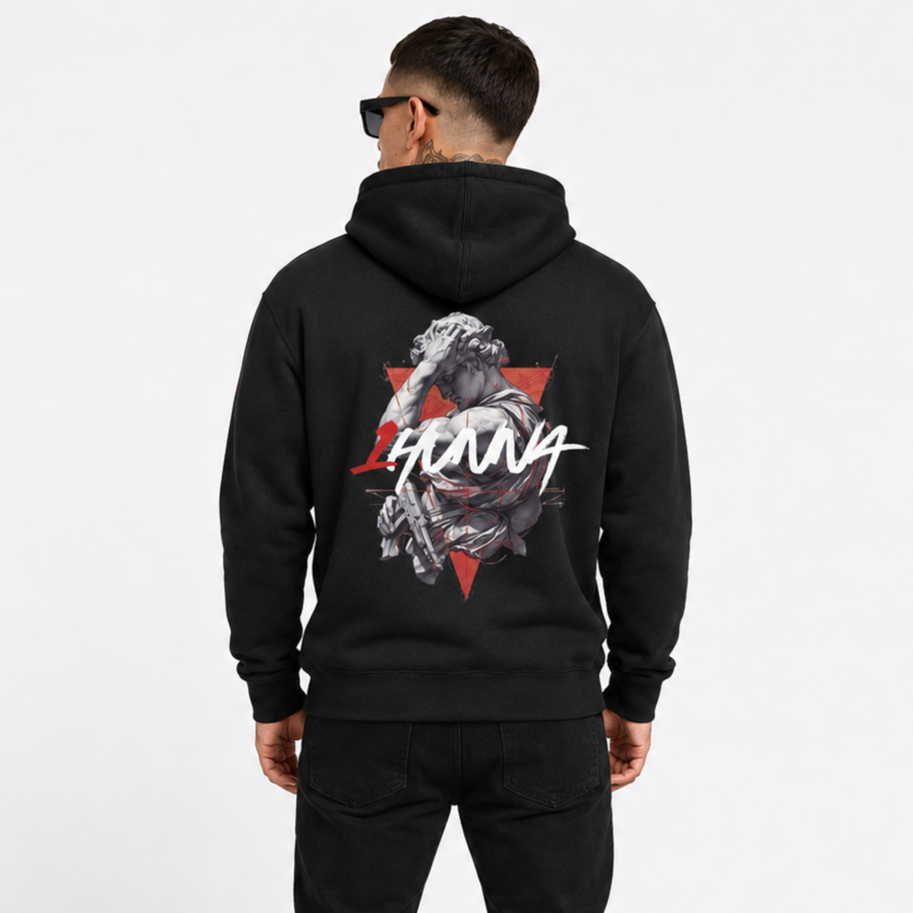 1HUNNA Gallery 005 Fallen Angel Hoodie in black – back worn view