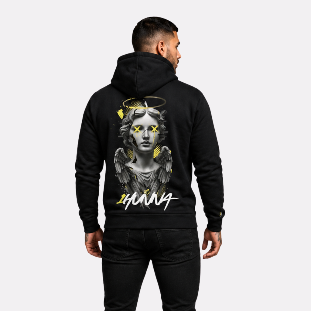 1HUNNA Gallery 002 Chaotic Angel Hoodie in black – back worn view